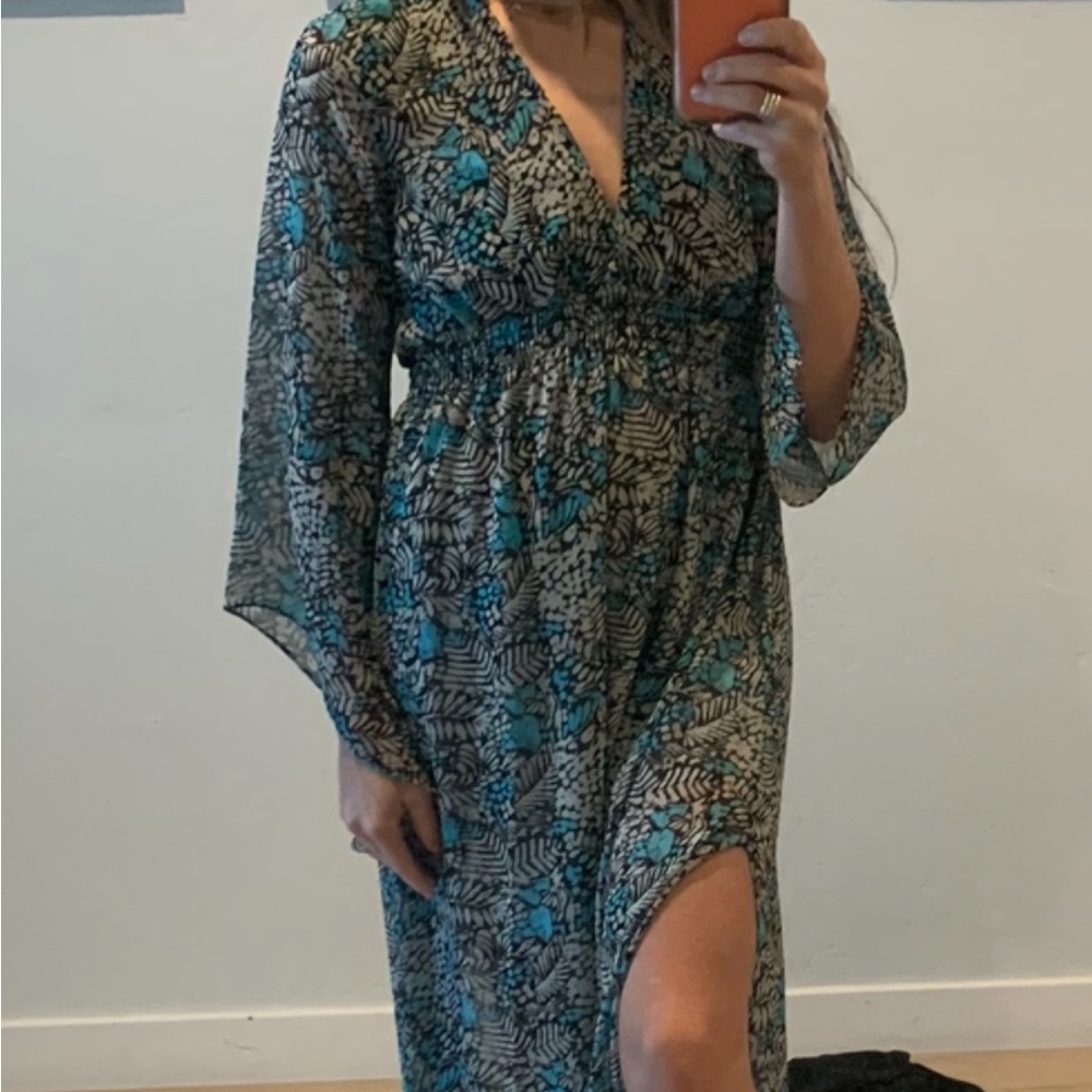 Misa Los Ángeles sheer Floral Maxi Dress with Blue and Black Pattern